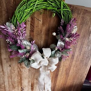 Elegant Rustic Wreath Purple & Lavender Foliage Burlap Bow Handmade Floral Decor
